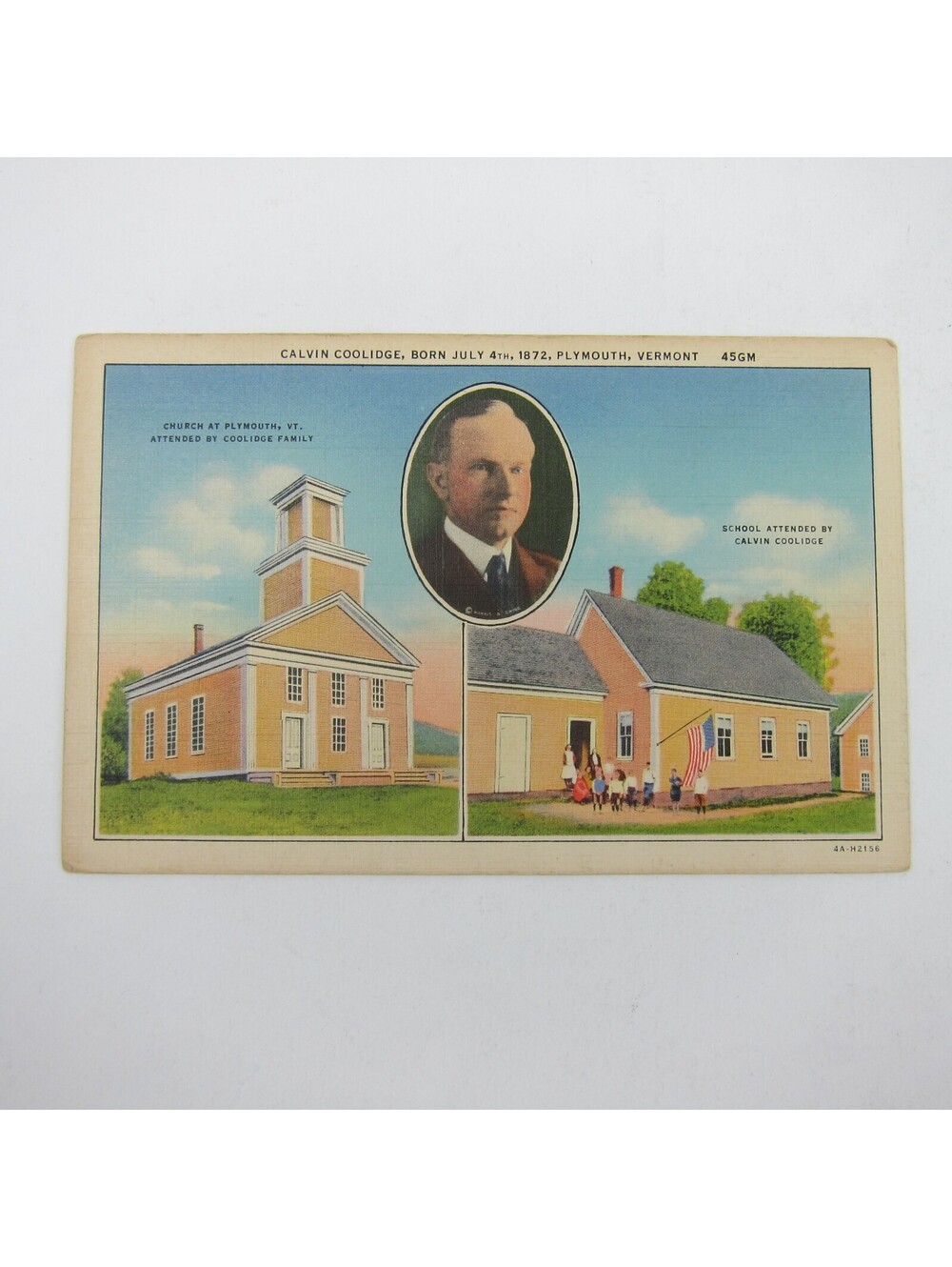 Linen Postcard Plymouth Vermont President Calvin Coolidge Church School Vintage